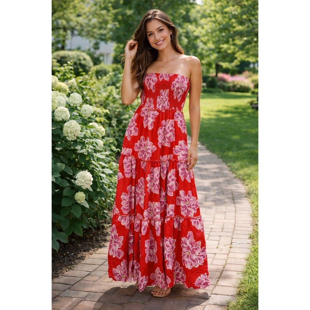 Strapless Red Floral Maxi Dress